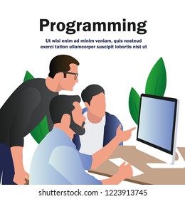 Three Programmers Are Discussing Their Project And Uses Computer. Startup, Programming, Business Project, Idea, Project Management. Vector Illustration.