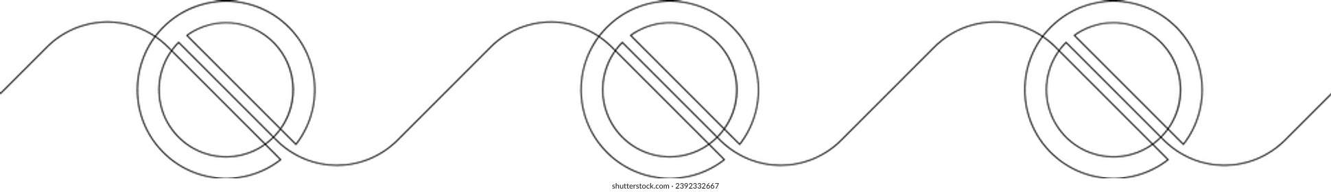 Three prohibition signs in a row continuous one line drawing. Single line drawing of stop sign. Vector illustration.