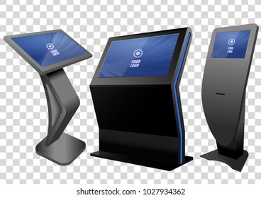 Three Promotional Interactive Information Kiosk, Advertising Display, Terminal Stand, Touch Screen Display isolated on transparent background. Mock Up Template.