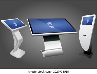 Three Promotional Interactive Information Kiosk, Advertising Display, Terminal Stand, Touch Screen Display. Mock Up Template.