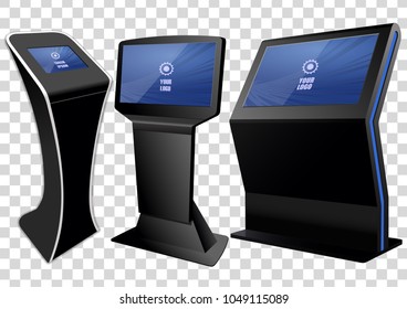 Three Promotional Interactive Information Kiosk, Advertising Display, Terminal Stand, Touch Screen Display isolated on transparent background. Mock Up Template.