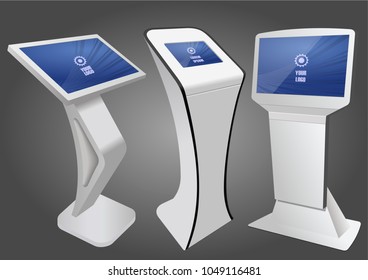 Three Promotional Interactive Information Kiosk, Advertising Display, Terminal Stand, Touch Screen Display. Mock Up Template.