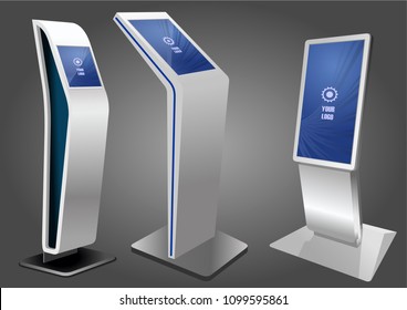 Three Promotional Interactive Information Kiosk, Advertising Display, Terminal Stand, Touch Screen Display. Mock Up Template.