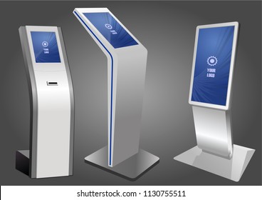 Three Promotional Interactive Information Kiosk, Advertising Display, Terminal Stand, Touch Screen Display. Mock Up Template.
