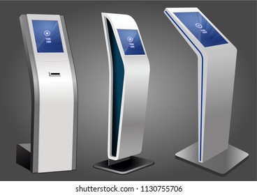 Three Promotional Interactive Information Kiosk, Advertising Display, Terminal Stand, Touch Screen Display. Mock Up Template.