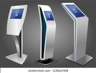 Three Promotional Interactive Information Kiosk, Advertising Display, Terminal Stand, Touch Screen Display. Mock Up Template.