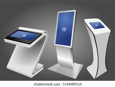Three Promotional Interactive Information Kiosk, Advertising Display, Terminal Stand, Touch Screen Display. Mock Up Template.