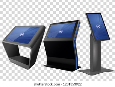 Three Promotional Interactive Information Kiosk, Advertising Display, Terminal Stand, Touch Screen Display isolated on transparent background. Mock Up Template.