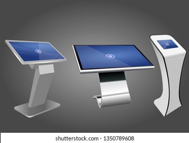 Three Promotional Interactive Information Kiosk, Advertising Display, Terminal Stand, Touch Screen Display. Mock Up Template.