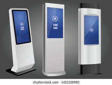 Three Promotional Interactive Information Kiosk, Advertising Display, Terminal Stand, Touch Screen Display. Mock Up Template.