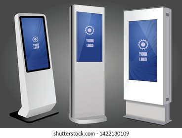 Three Promotional Interactive Information Kiosk, Advertising Display, Terminal Stand, Touch Screen Display. Mock Up Template.