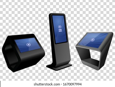 Three Promotional Interactive Information Kiosk, Advertising Display, Terminal Stand, Touch Screen Display isolated on transparent background. Mock Up Template.