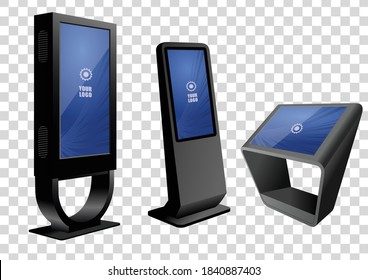 Three Promotional Interactive Information Kiosk, Advertising Display, Terminal Stand, Touch Screen Display isolated on transparent background. Mock Up Template.