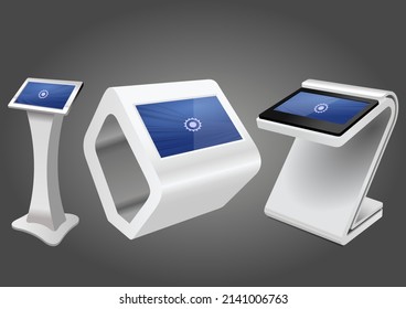Tres kioscos de información interactiva promocional, pantalla publicitaria, soporte terminal, pantalla táctil. Plantilla de maqueta.	