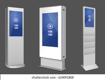 Three Promotional Interactive Information Kiosk, Advertising Display, Terminal Stand, Touch Screen Display. Mock Up Template.