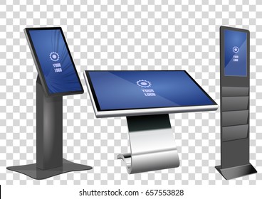 Three Promotional Interactive Information Kiosk, Advertising Display, Terminal Stand, Touch Screen Display isolated on transparent background. Mock Up Template.