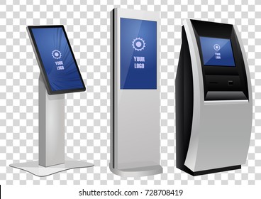 Three Promotional Interactive Information Kiosk, Advertising Display, Terminal Stand, Touch Screen Display isolated on transparent background. Mock Up Template.