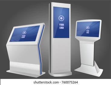 Three Promotional Interactive Information Kiosk, Advertising Display, Terminal Stand, Touch Screen Display. Mock Up Template.