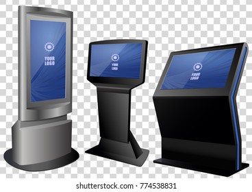 Three Promotional Interactive Information Kiosk, Advertising Display, Terminal Stand, Touch Screen Display isolated on transparent background. Mock Up Template.