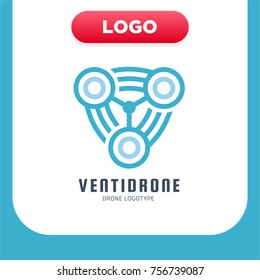 Three propeller drone or Bladed Screw Rotation logo. Vector illustration style is a flat iconic blue rounded symbol