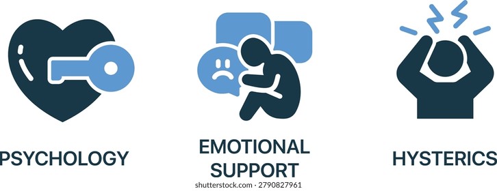 Three psychology emblems with emotional support and hysteria symbols vector illustration
