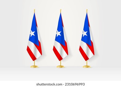 Three Puerto Rico flags in a row on a golden stand, illustration of press conference and other meetings. Vector illustration.