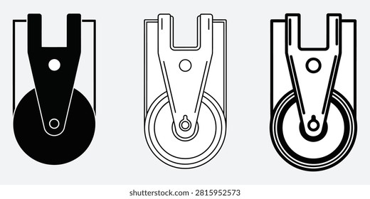 Three pulley variations solid black outlined and filled represent mechanical advantage and physics principles. Useful for industrial educational design.
