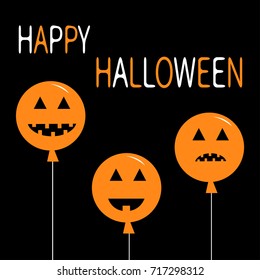 Three pumpkin balloon set. Smiling sad face head emotion set. Big triangle eyes, smile mouse, teeth. Happy Halloween symbol. Cute cartoon funny baby character. Black background. Flat design. Vector