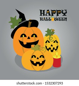 Three pumpkin for Halloween. Pumpkins of different shapes and with character, funny emotions on the face.Flat design illustration Jack is a symbol of the holiday of All Saints Day