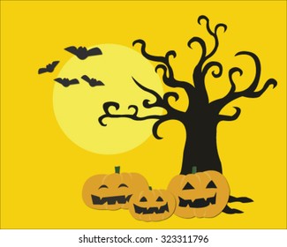 Three pumpkin heads, one  spooky tree and four bats with the moon on yellow orange background, halloween concept flat vector illustration