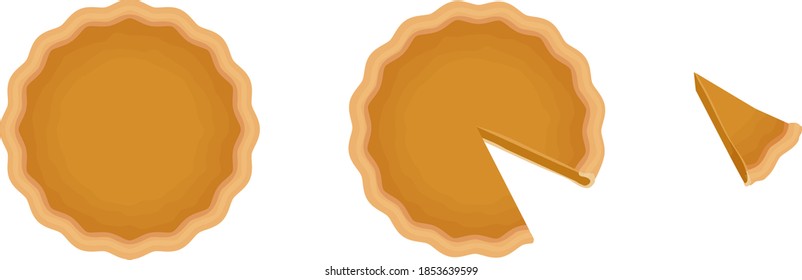 Three pumpkin pies: one whole, one with a slice missing, and one slice. Vector illustrations isolated on white background.