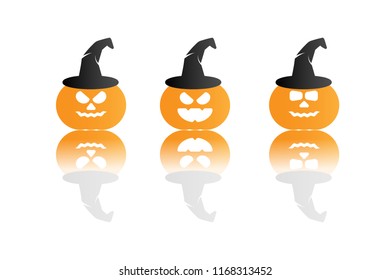 Three Pumpkin vector illustration wearing witch hat for halloween