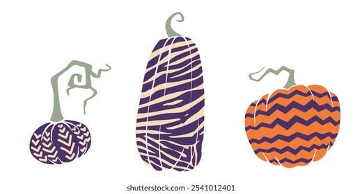 Three pumpkins with abstract stripes, spots, and wavy patterns, ideal for fall designs, stickers, or seasonal invitations.