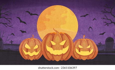 Three pumpkins in the cemetery with bats on the background of the moon. Cartoon scary Halloween landscape.