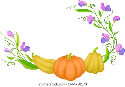 Three pumpkins of different shapes on long stems. Vector illustration on white background.