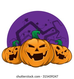 Three pumpkins with evil faces, these are used for Halloween
