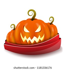 Three pumpkins in a festive ribbon. Pumpkins for Halloween. Happy glowing face. Autumn holidays. Vector illustration on white background.
