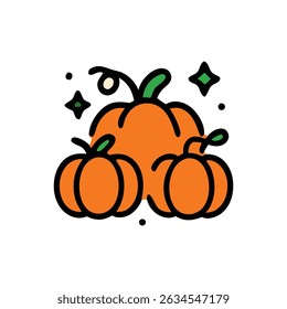 Three pumpkins with green leaves and stems, perfect for fall themed designs, Halloween decorations, and seasonal social media posts.