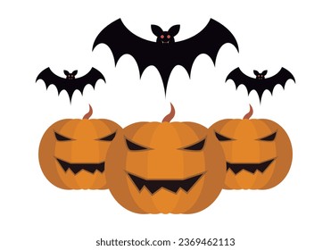 Three pumpkins and three halloween bats.