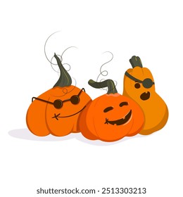 Tres calabazas para Halloween. Divertidos personajes naranjas. Ilustración vectorial.