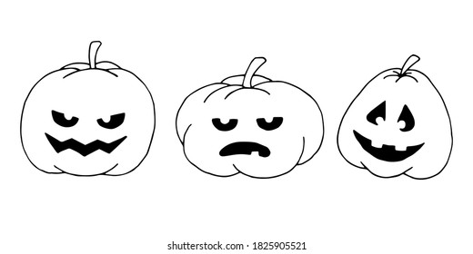 Three pumpkins for Halloween. A set of creepy masks. Holiday on October 31. Black and white outline. Vector hand-drawn doodle 
 illustration