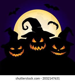 Three pumpkins in hats under a full moon. Halloween greeting card.