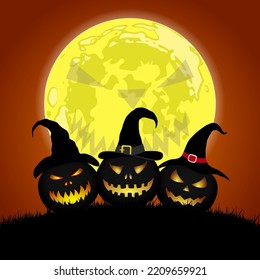 Three pumpkins with hats under a horror face full moon on red-orange sky. Halloween party invitation, greeting card or wallpaper. Vector EPS10.