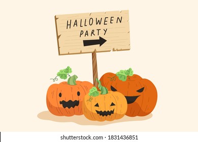 Three pumpkins 
Jack-o'-lantern on ground and wooden sign with "Halloween party" word and arrow. Editable sign. Halloween cartoon for party decoration. Flat vector illustration character.