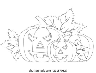 Three pumpkins with leaves isolated on white background Coloring page