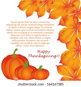 three pumpkins with leaves and text for thanksgiving day