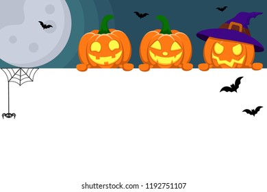The three pumpkins look out from behind the white sheet on the background of the moon. Halloween banner