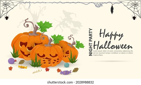 Three pumpkins are lying in the grass for the Halloween holiday, flat illustration