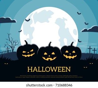 Three pumpkins on the background full moon and graveyard. Halloween background in flat style. Vector illustration.