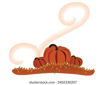 three pumpkins on a pile of autumn leaves. Three Orange pumpkin vector illustration.  Autumn vegetables concept. 
